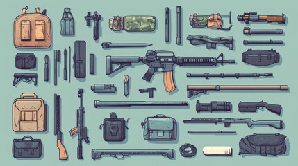 Traditional combat equipment collection drawn in simplified illustration style, authentic design details, balanced proportions, clear handle designs, consistent outline treatment, professional vector