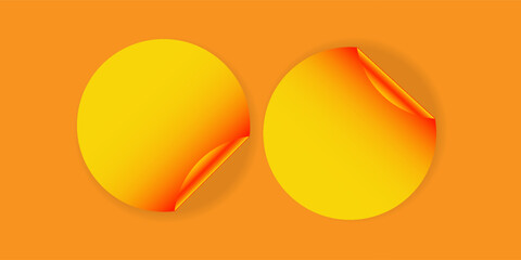 Set circle adhesive symbol. Orange label, round paper sticker with peeled corner and shadow, isolated round plastic mockup, realistic red round paper