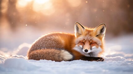 Obraz premium Red fox resting in snowy winter forest sunset