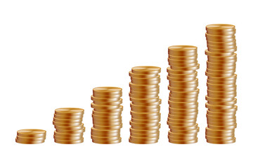 Coin stack, gold medal 3d drop. Money fall emoji, casino pile mountain of euro cents. Old golden cent rate icon. Vector render of lucky loan cash. US dollar penny gui reward. Floating game stock grow