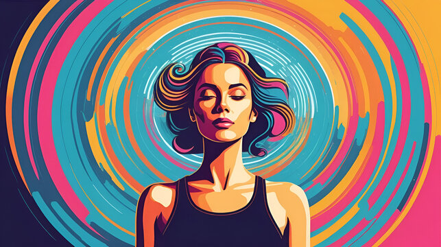Trance effect on woman during session of hypnosis therapy isolated flat vector illustration. Abstract psychedelic whirlpool and chatelaine watch. Altered state of mind and unconsciousness concept