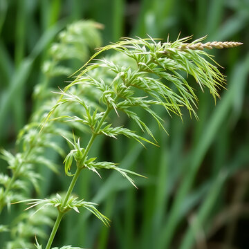 Horsetail Equisetum, genus of vascular plants, department Equisetophyta Ferns. Horsetail sways in the wind. Metamerism, alternation of nodes and internodes. Leaves reduced to scales, whorls at nodes