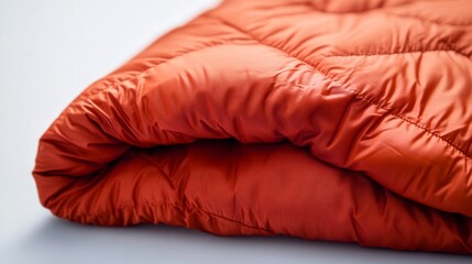 Close-up sleeping bag detail photography focusing on quilting pattern, controlled studio environment, pure white infinity background, soft directional lighting, extreme texture detail, professional