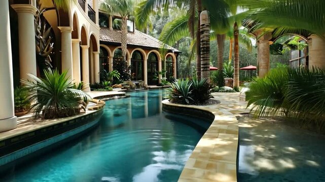 Luxurious tropical pool oasis with palm trees and elegant architecture, offering serene outdoor garden for ultimate relaxation and water enjoyment.