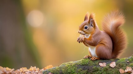 Red squirrel eating nut, autumn forest