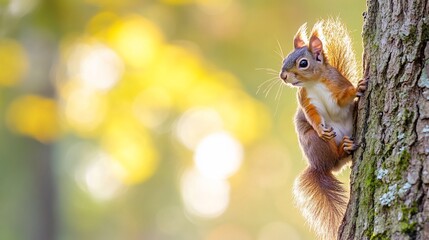 Obraz premium Red Squirrel climbing tree, autumn forest