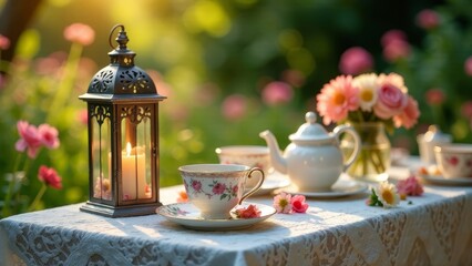 Fototapeta premium Serene Outdoor Tea Party with Delicate Floral Arrangements and a Glimmering Lantern at Golden Hour
