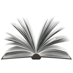 This image shows an open hardback book with many of its white pages displayed isolated on transparent background.