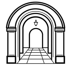 Fototapeta premium Modern Geometric Corridor: Symmetrical Black and White Archway Design with Decorative Brickwork and Tiled Floor