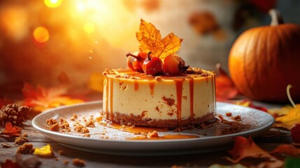 Fototapeta premium Autumn Dessert with Pumpkin and Caramel on Rustic Table