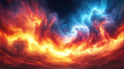 Abstract fiery and icy cloudscape, dramatic cosmic sky