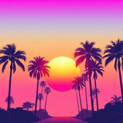 Tropical sunset scene with palm trees silhouetted against a vibrant gradient sky and large yellow sun.