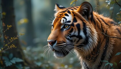 Naklejka premium Stunning AI-Generated Tiger Wallpaper with Fierce and Majestic Details in a Striking Digital Art Style