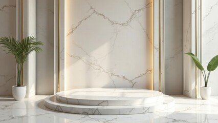 Elegant Two-Tiered Marble Display Platform with Tropical Plants in a Sunlit Interior