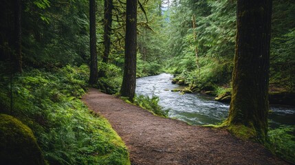Obraz premium Serene Forest Trail Beside a Crystal River