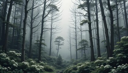  Nordic-Inspired Mystical Forest Wallpaper in Serene Shades of Grey and Green