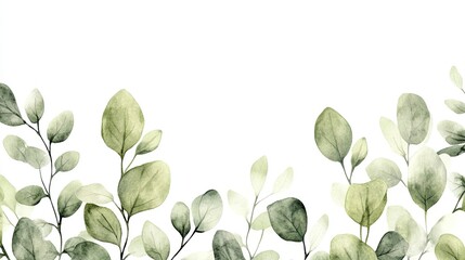 Obraz premium Soft Green Watercolor Leaves in a Clean, Balanced Composition on White Background, Perfect for Eco-Friendly Branding and Contemporary Wedding Invitations.