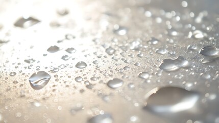 Close-up of water droplets on a shiny surface, illuminated by sunlight.