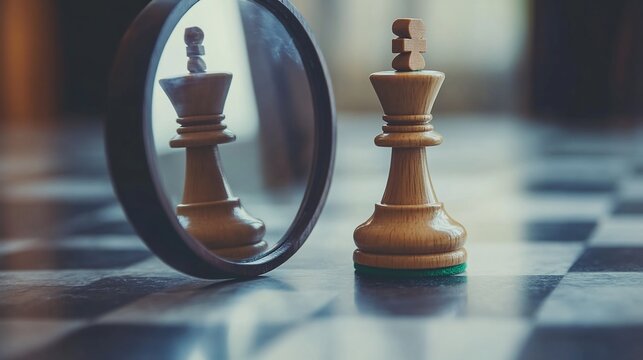 Reflection of ambition a chess king piece in a mirror on a game board