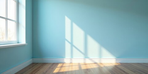 Fototapeta premium Serene Empty Room with Sunlight Streaming Through Window Illuminating Pale Blue Walls and Warm Hardwood Floor