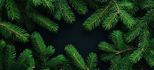 Lush green fir branches frame a dark background, perfect for winter or Christmas designs.