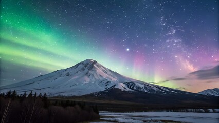 Aurora Borealis Over Mountain: Captivating view of the aurora borealis dancing above a snow-capped mountain, under a star-studded sky, conveying the majesty and tranquility of the natural world.