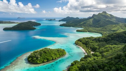 Tropical Paradise Aerial View: This stunning image showcases an aerial view of a tropical paradise. The scene is dominated by crystal-clear turquoise waters, lush green islands.
