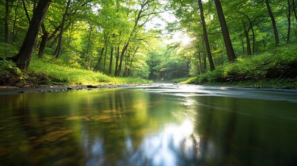 Serene forest stream at sunrise