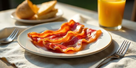 Golden-brown streaky bacon on a plate, bathed in sunlight, accompanied by breakfast pastries and a glass of juice.