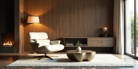 Serene Living Room Design Featuring a Comfortable Armchair, Modern Coffee Table, and Warm Lighting Accents