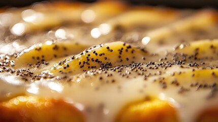 Creamy Baked Dish with Poppy Seeds on Golden Surface Close-up