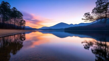 Serene Sunset Reflection on Mountain Lake