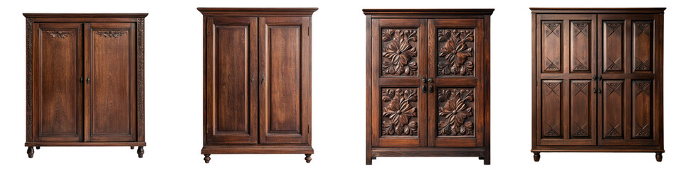 Ornate and Elaborately Carved Antique Wooden Armoire or Wardrobe Cabinet with Detailed Paneling and Multiple Shelves for Elegant Traditional Home or Luxury Living Space Decor