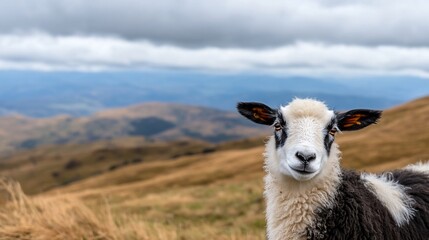 Fototapeta premium Sheep gazing, mountain pasture, cloudy day