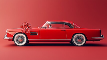 Classic Red Car Gift with Bow on Red Background
