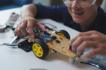 Engineer assembling robotics educational toy car with micro controller, sensors, and electronic parts