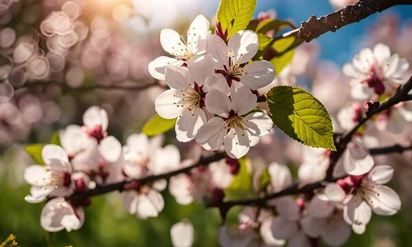 Spring blossom background. Nature scene with blooming tree and sun flare. Spring flowers. Beautiful orchardSpring blossom background. Nature scene with blooming tree and sun flare. Spring flowers. Bea