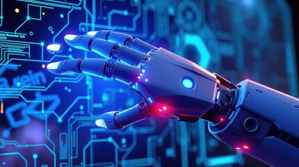 Robotic Arm Connection: Metallic robotic arm in blue hues interlinks with a high-tech digital circuit board.