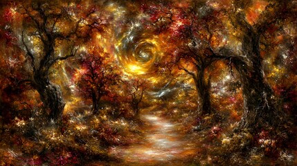 Autumn Forest Path at Night with Glowing Stars and Magical Atmosphere