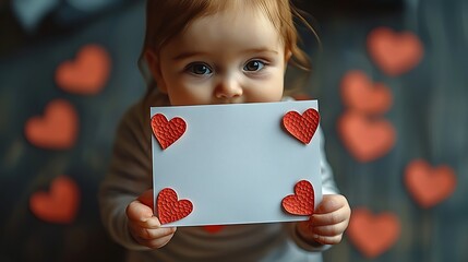 Toddler holding valentine card, hearts bokeh