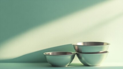 Three Metallic Silver Bowls on Light Green Textured Background with Sunlight Shadow