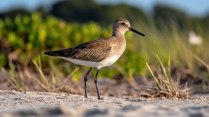 Shorebird foraging on sandy beach dune
