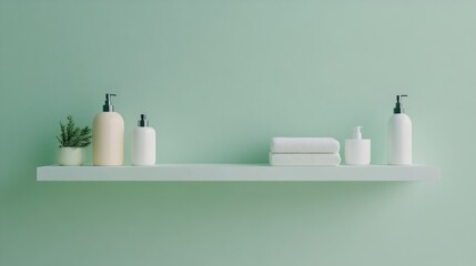 White Bathroom Shelf with Soap Dispensers and Towels Against a Mint Green Wall