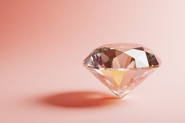 A single clear gemstone displaying facets on a rose colored background