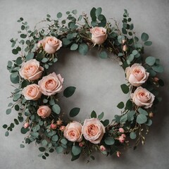 A delicate floral wreath made of pink roses and eucalyptus.