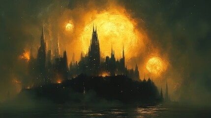 Fototapeta premium Fiery island castle at night; fantasy; ominous; surreal; digital art; possible use desktop wallpaper