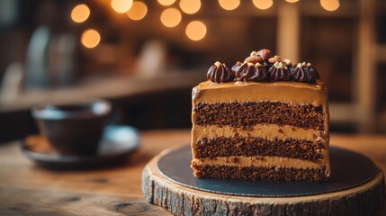 Decadent Chocolate Layer Cake on Wooden Board with Warm Lights