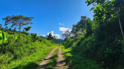 Fototapeta premium Dirt road through lush green jungle landscape under a vibrant blue sky.