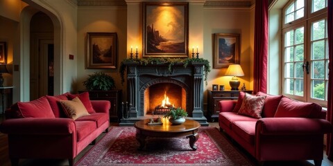 Obraz premium A cozy living room scene featuring a fireplace, ornate mantelpiece, comfortable sofas, and elegant artwork