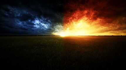 Fiery Sunset and Stormy Night Sky Over a Field